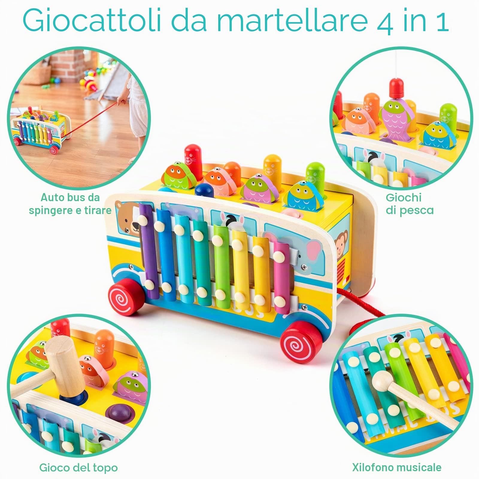 Sundaymot Giochi Montessori 3 Anni, Gioco per Bambini 4 in 1 con Xilofono, Pesca, Whack-a-Mole, Regalo Bambino 3 4 5 6 Anni per Natale, Festa dei Bambini, Compleanno
