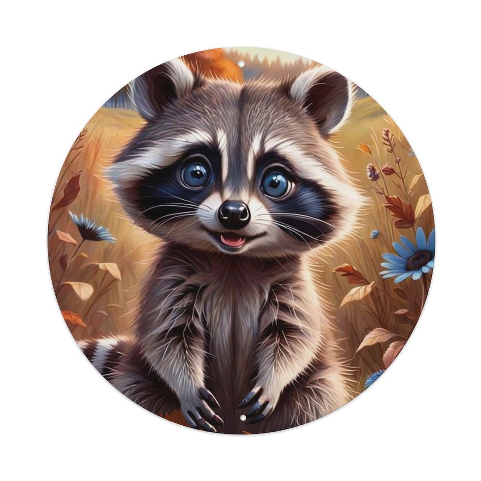 Wildlife Artwork Little Raccoon And Butterfly Metal Tin Sign
