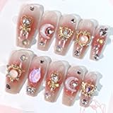 Luxury Nude Pink Handmade Press On Nails 24Pcs – Medium Coffin Nail Art with 3D Opal Rhinestones & Gold Charms – Reusable Bling False Nails for Women & Girls – Elegant Wedding Party Nail Set