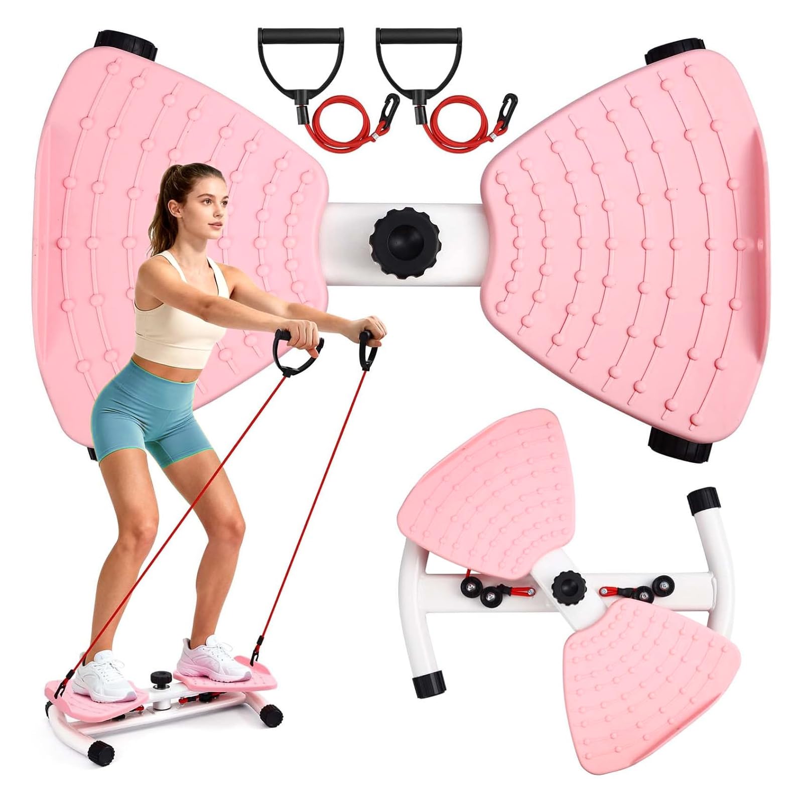 Pilates Board, Hüfttwister Bauchmuskeltrainer, Twist Waist Disc Borad mit 2 Widerstandsbändern für Core-Training, Schlanke Taille (Rosa)