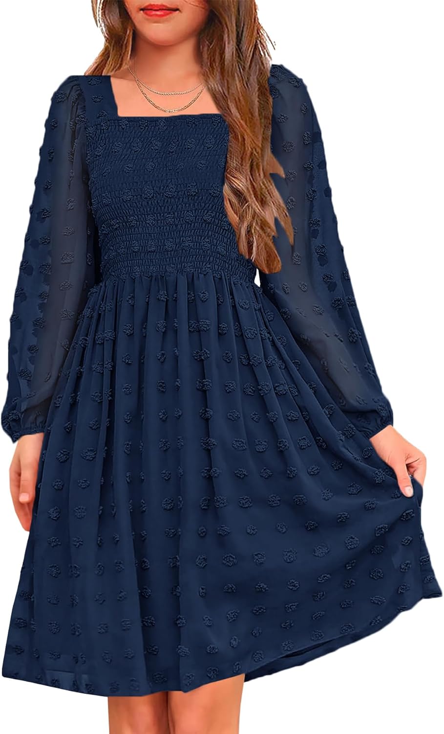 HOSIKA Girls Long Sleeve Dress Swiss Dot Square Neck Smocked Spring Dresses with Pockets 6-14 Years