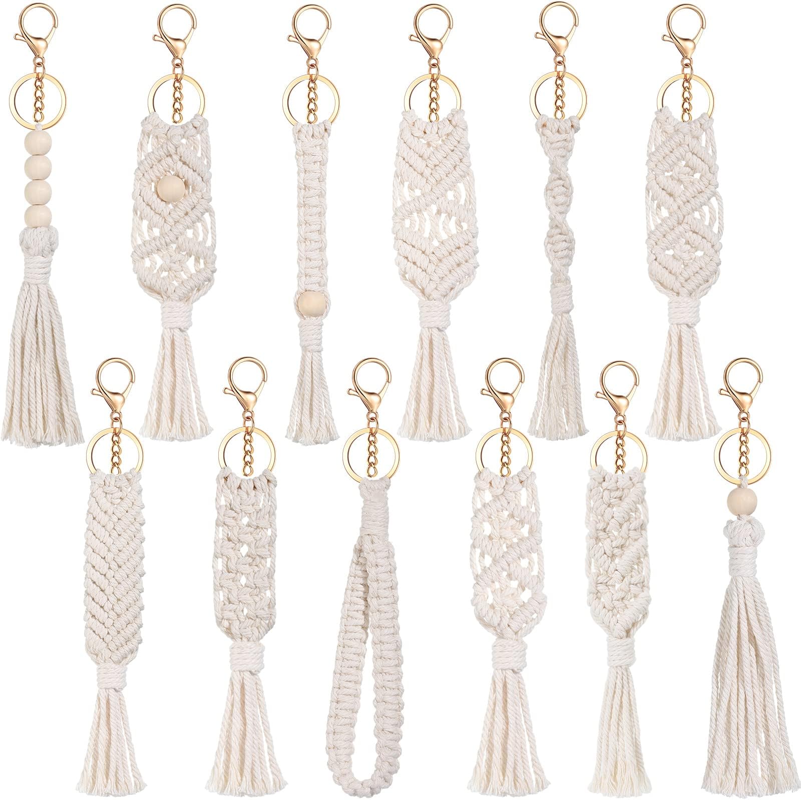 JunkinMacrame Boho Keychains Bulk Handcrafted Aesthetic Key Chain with Tassel for Women Car Key Purse Wallet Beige