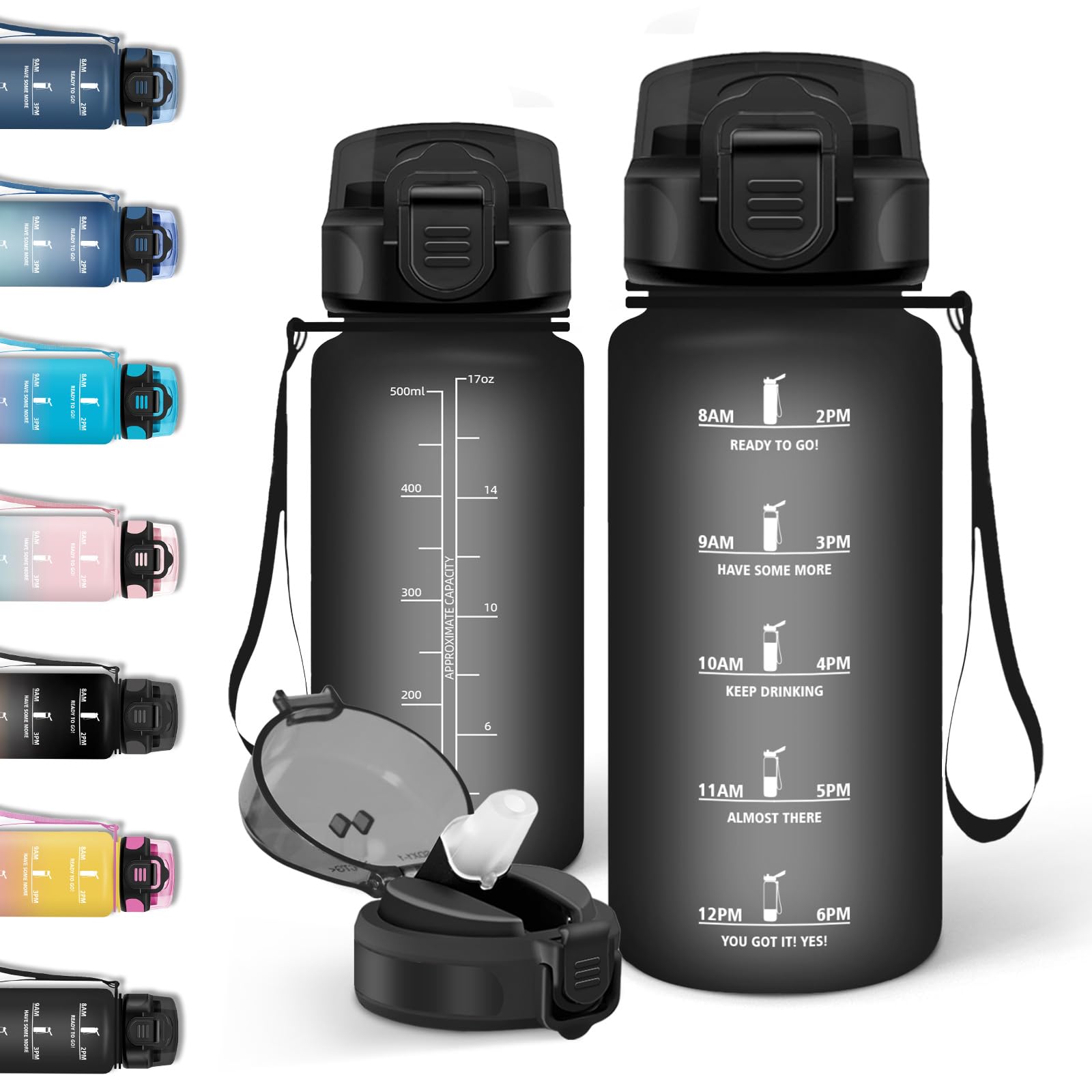 Motswedi Borraccia 0.5 litri, con Cannuccia, Borraccia Palestra, a Prova di Perdite, Bottiglia acqua, Con Marca Temporale, Bottiglia Acqua per Campo da Tennis, Scuola, Campeggio, Viaggi - Nero