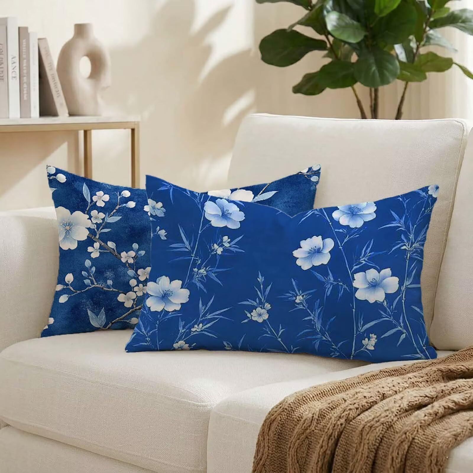 Coussin exterieur impermeable 50x80 lot de 2 bleu motif lin pour canape de jardin