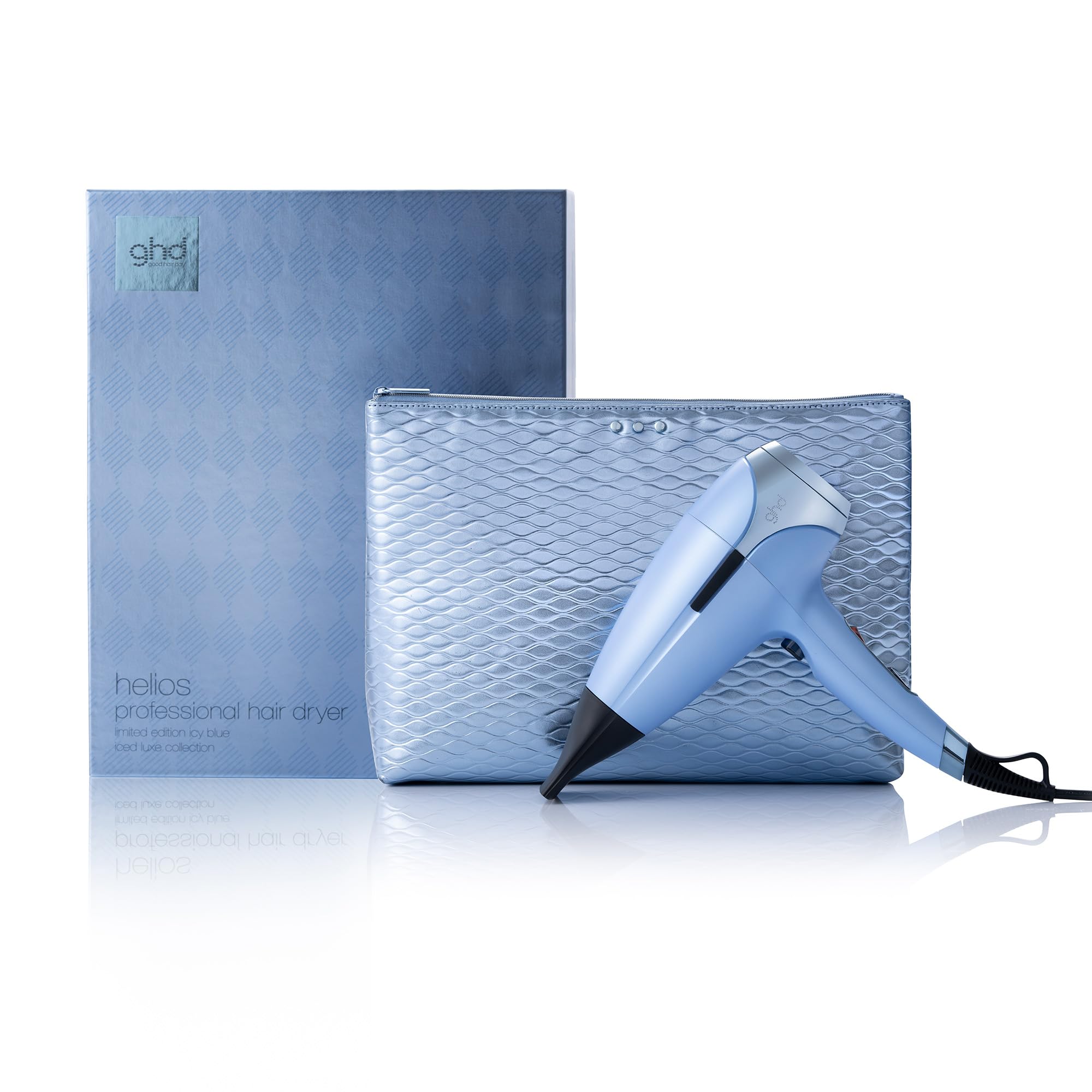 ghd helios Iced Luxe Collection - Secador de pelo profesional con neceser de regalo, tecnología aeroprecis, edición limitada 2024, color azul gélido