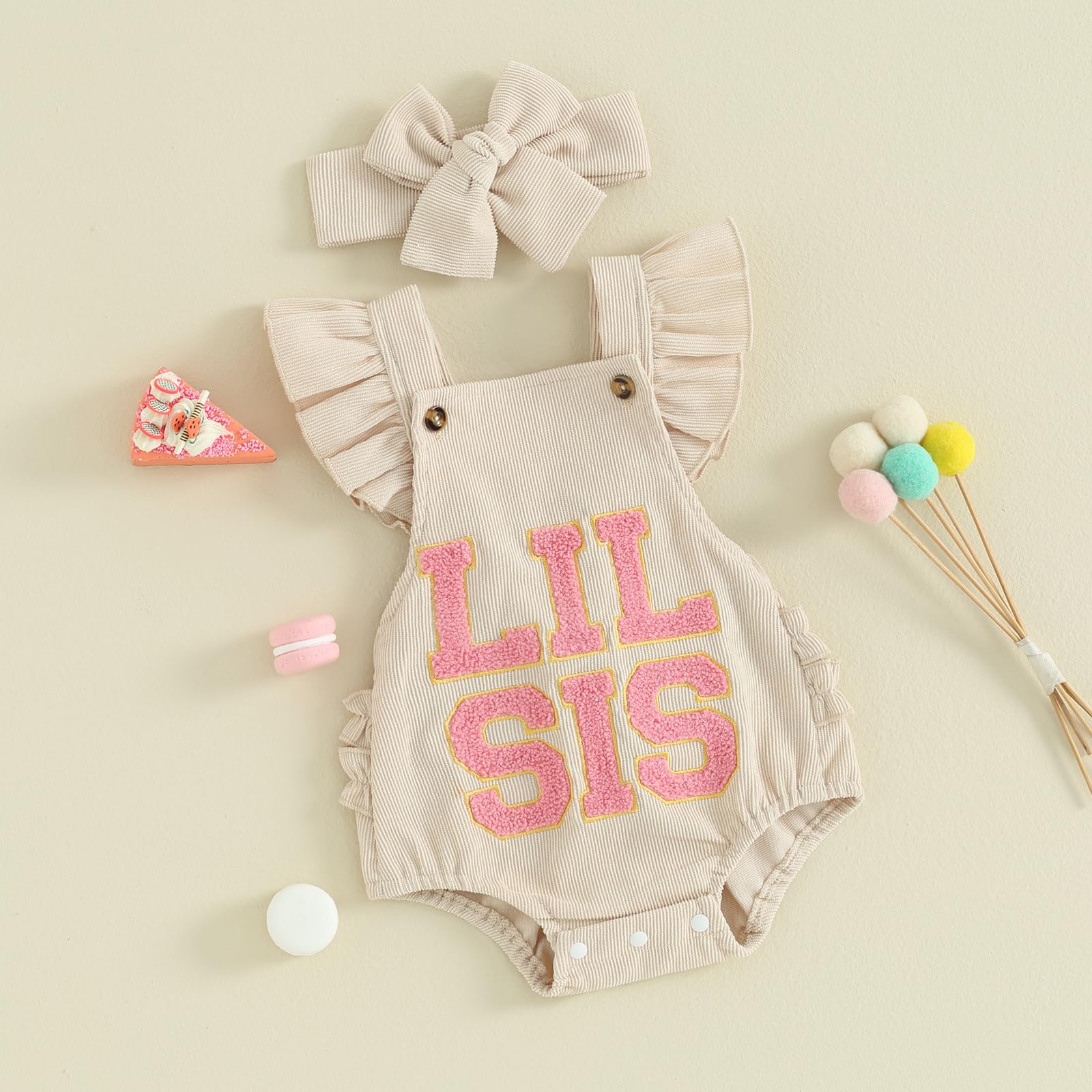 LAGKIYOJ Baby Girl Summer Clothes LIL SIS Ruffle Butts Sleeveless Onesie Backless Bubble Romper Cute Newborn Girl Outfits (Khaki SIS, 12-18 Months)