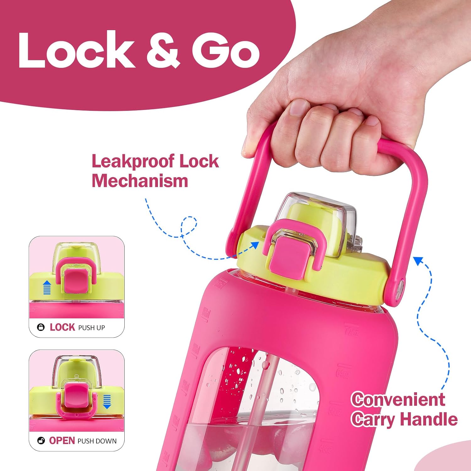 72oz Glass Water Bolttles, 3-in-1 Straw and Sip Spout Handle Lid, Half Gallon Water Bottle with Time Marker and Silicone Sleeve, BPA-Free Sports Water Bottle for Gym, School, Bright Pink - Image 4