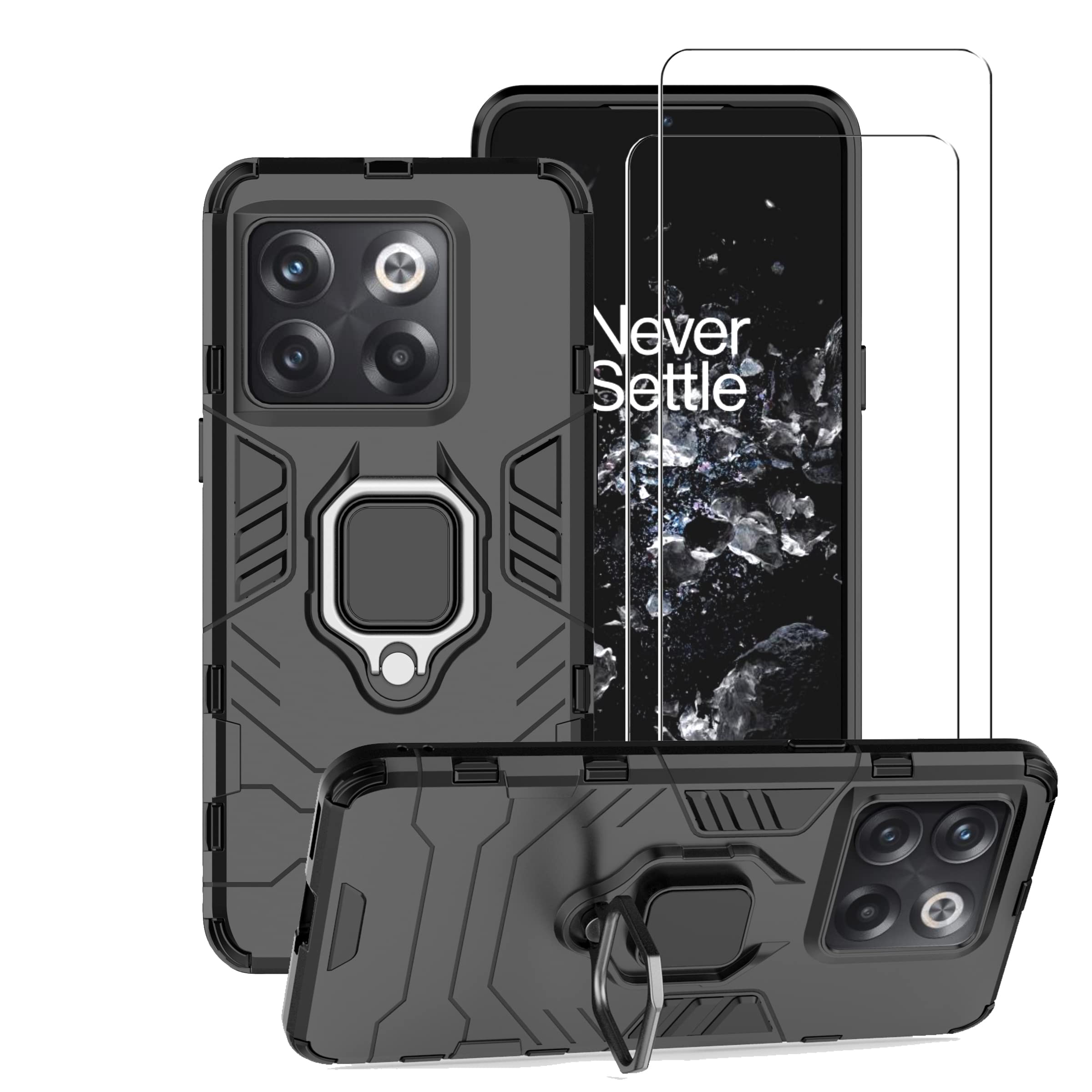 ZMONE for OnePlus 10T 5G / OnePlus Ace Pro Case Cover with Glass Screen Protector [2 PACK] Heavy Duty Dual Layer Military Grade Shockproof Protective Cover with Magnetic Ring Kickstand - Black