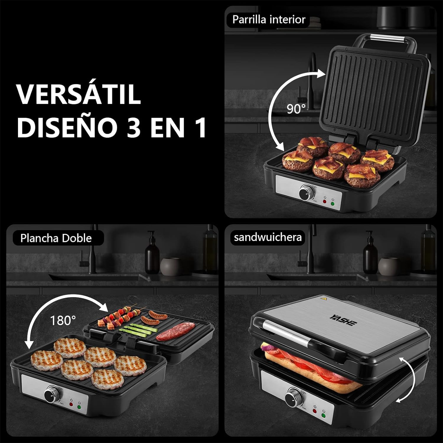 YASHE Grill Sandwichera Plancha, Parrilla Eléctrica con Placas Recubiertas Antiadherentes, Control de Temperatura, Luz Indicadora, Apertura a 180 Grados, Bandeja de Goteo Removible, 1800W, Negro