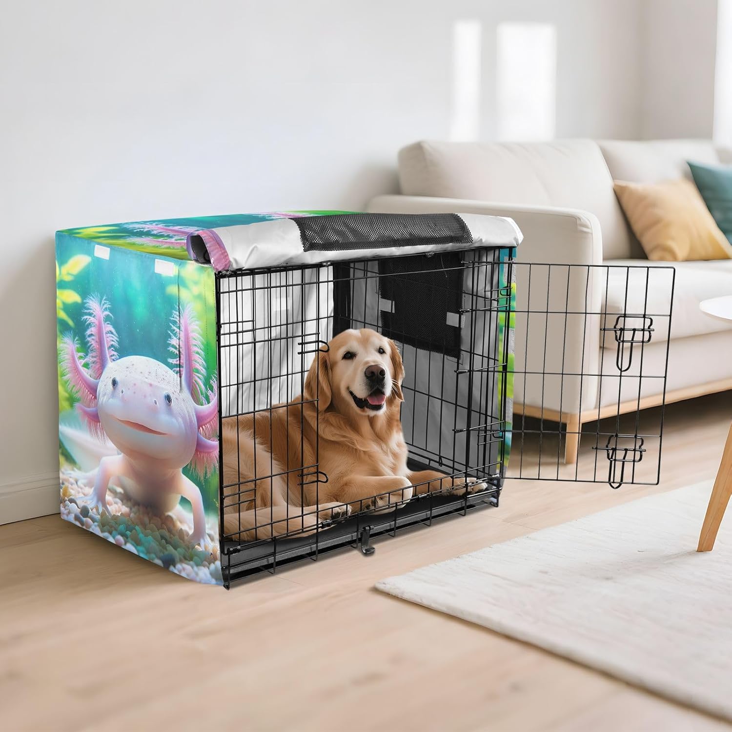 Axolotl Cute Animal Dog Crate Covers Universal Size Fit, Pet Crate Cover with Roll-up Sides, Large