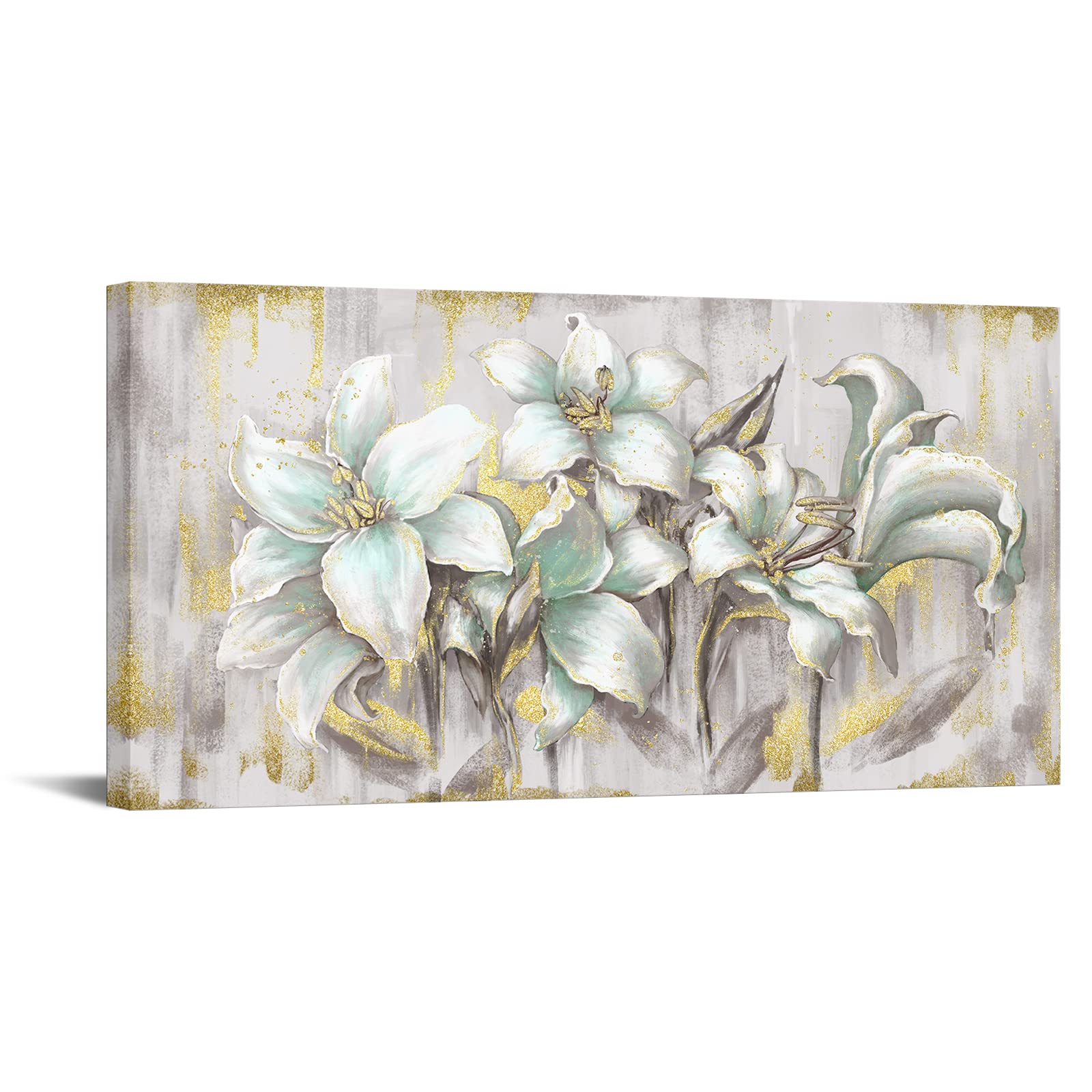 KREATIVE ARTS Large Tulip Green Flowers Canvas Wall Art Abstract Floral Picture with Gold Foil Embellishment Oil Painting Textured Print on Canvas for Bedroom Bathroom Living Room Wall Decor 20x40