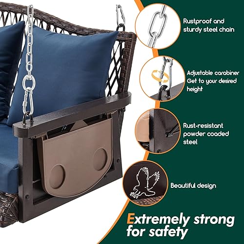 Miniatura 5 de Columpio colgante de mimbre mejorado para porche, resistente de 900 libras, 3 asientos, para patio, para adultos, con cadenas colgantes de 8.9 pies,