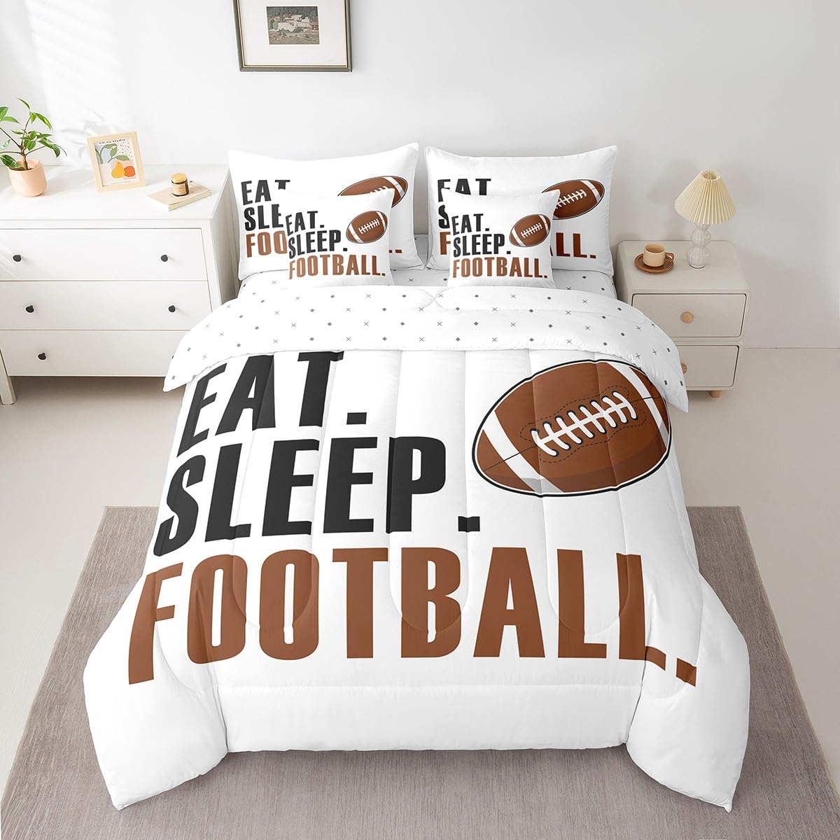 Feelyou Football Comforter Set with Sheets Full Size Rugby Sports 7 Pieces Bedding Set for Kids Boys Girls Teens White Sports Ball Game Bed in a Bag