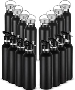 Neihepal Insulated Water Bottles Bulk 16 Pack,Stainless Steel Double Wall Sport Bottle with Lid of Handle,Metal Reusable Thermoses Flask with Cup Cap for School,Hikers,Gift Black,Set of 16