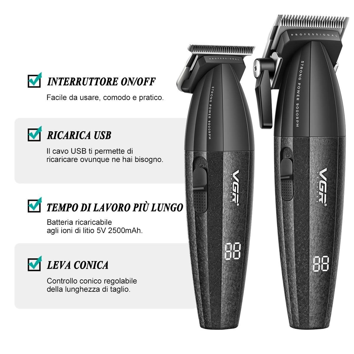VGR 640 Tagliacapelli Professionale Per Uomo, Set Di Tagliacapelli E Trimmer Senza Fili, Zero Gap T-Blade, Lama In Ceramica DLC, Kit Barbiere Di Alta Qualità Con Display LED (Nero)