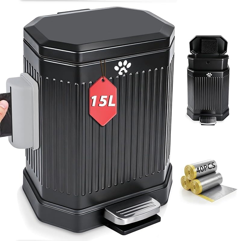 Lixeira para Fezes de Cães em Metal com Tampa de Controle de Odor e Pedal, HWPZE, 15 L, Preta