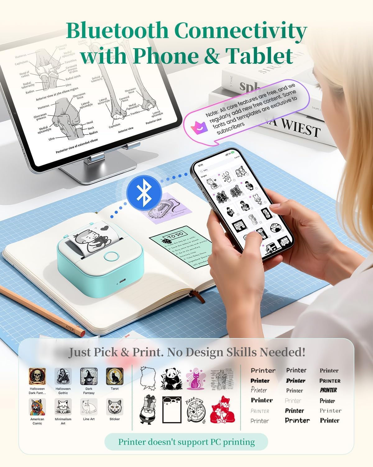 Memoking Mini Sticker Printer - T02 Mini Thermal Printer Portable Pocket Label Maker Bluetooth Photo Print Pods Inkless Sticker Maker for Kids, Smart AI APP, for Student Study Note, Journal, DIY, Gift