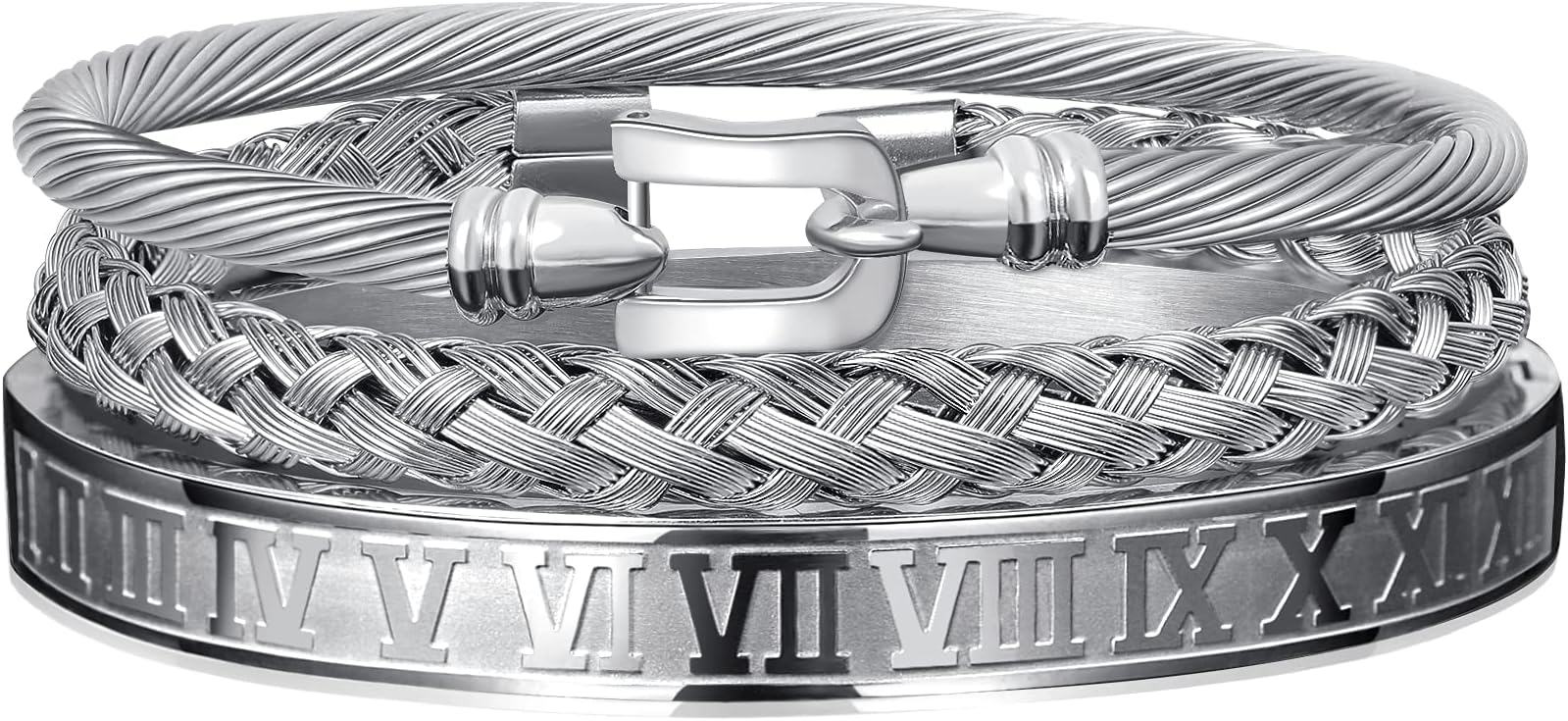 WFYOU 3PCS Stainless Steel Bracelets for Men Gold Roman Numeral Bangle Bracelet Twisted Cable Bracelet Adjustable Cuff Bracelet Mens Luxury Jewelry Bracelets Gifts