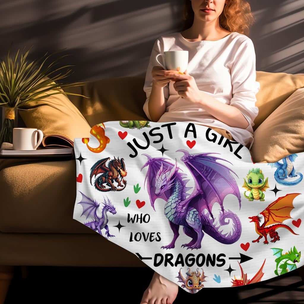 Dragon Blanket Merch Just A Girl Who Loves Dragons Blanket Soft Cozy Flannel Throw Blankets Room Decor Bedding Gifts for Girls Boys Women Adults 50"x40"