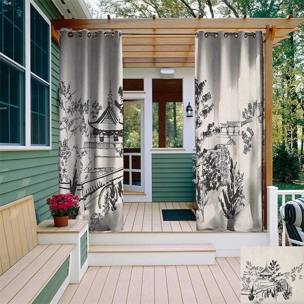 leinuoyi Ancient China, Outdoor Curtain Extra Long, Hand Drawn Illustration of Temple in Town of Dali Yunnan Province Monastery, Set for Patio Waterproof W120 x L108 Inch Black Beige