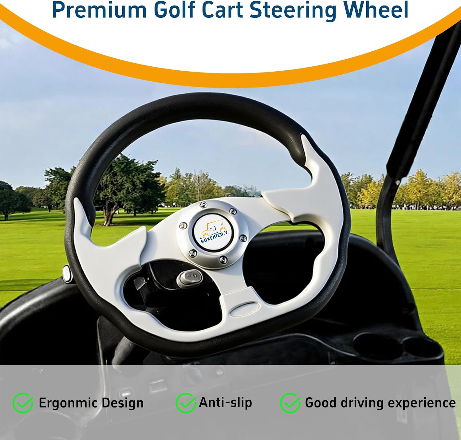 12.5" Universal Golf Cart Steering Wheel fits Club Car DS/Precedent/Onward/Tempo, Yamaha, and EZGO TXT/RXV Golf Cart, Anti-slip and good grip (D-Shape, Silver)