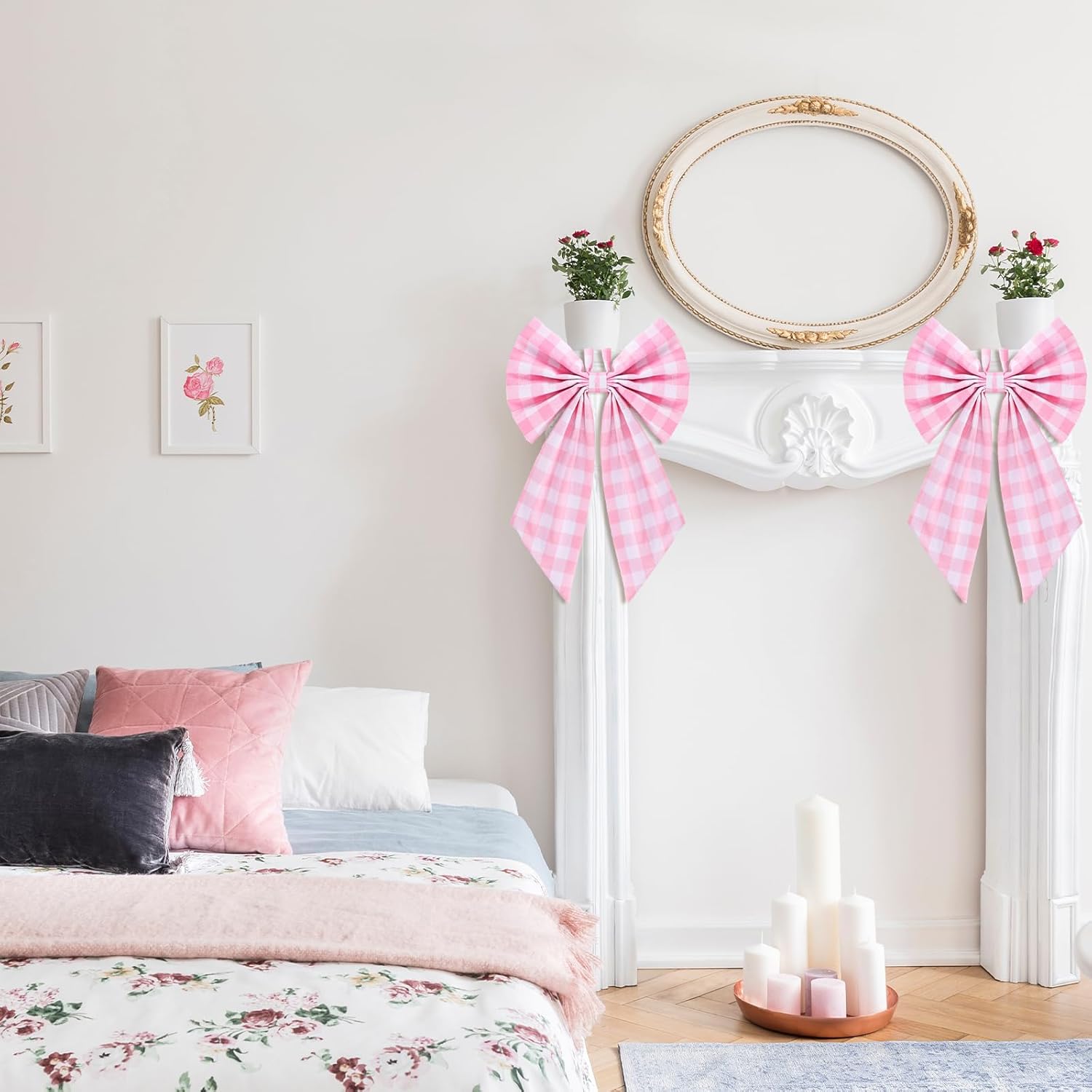 Suncalla 2 Pcs Pink Plaid Wreath Bow 19.6'' x 11.8'' Coquette Front Door Hanger Cute Bow Wreath Accessories Xmas Party Yard Doorway Indoor Outdoor Wall Decoration
