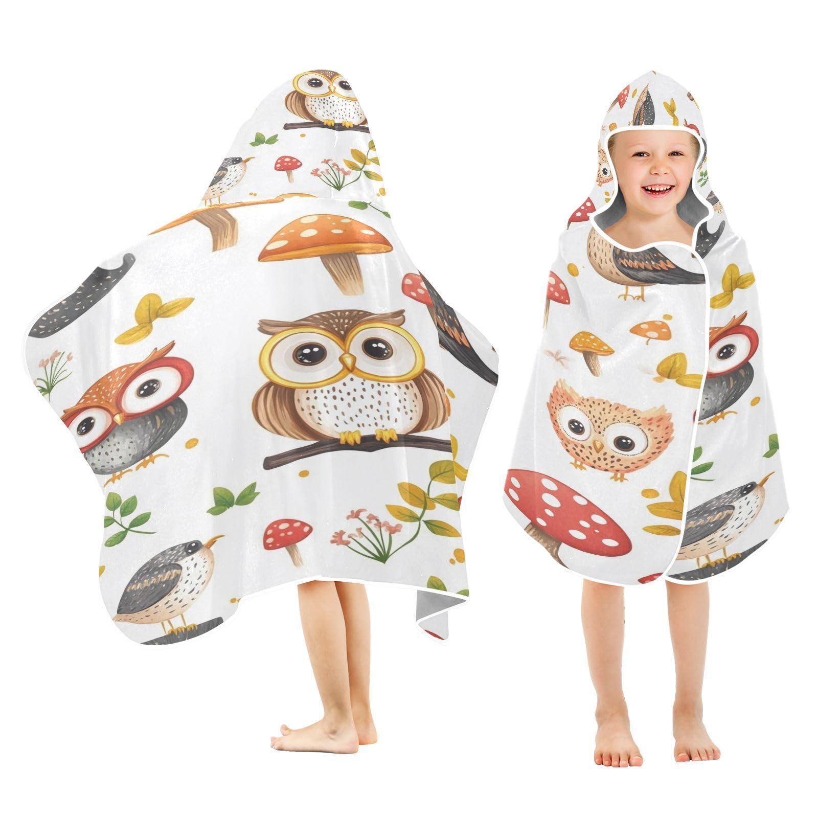 Kigai Owl Mushroom Hooded Beach Towel for Kids Soft Absorbent Quick Dry Bath Towel with Hood Lightweight Toddler Shower Pool Bath Wrap for Boys Girls