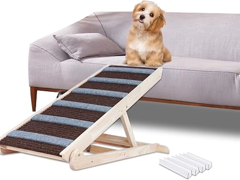 GREENBOX Dog Ramp ، محمول غير قابل للانزلاق من خشب البلوط للسرير مناسب للكلاب الصغيرة والكبيرة والقطط ، قابل للتعديل والطي مع 6 ارتفاع قابل للتعديل يدعم 200 رطل الحيوانات الأليفة للسرير ، الأريكة ، السيارة, سيارات الدفع الرباعي 