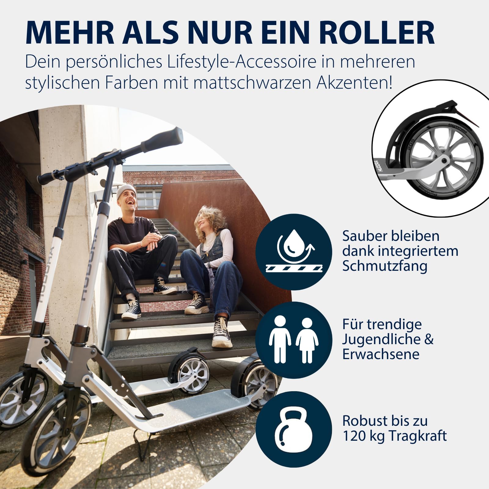 HUDORA BigWheel 230 Advanced Scooter - Stabiler Aluminium-Roller für bis zu 120kg - Leiser & zusammenklappbarer Cityroller mit Ständer & Klingel - Kick-Scooter für Kinder/Jugendliche & Erwachsene
