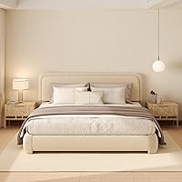 VcoovedHome King Boucle Platform Bed Frame: Adjustable Headboard, Fluffy Upholstered Cloud Bed, Curved Design, Noise-Free, Easy Assembly, Beige