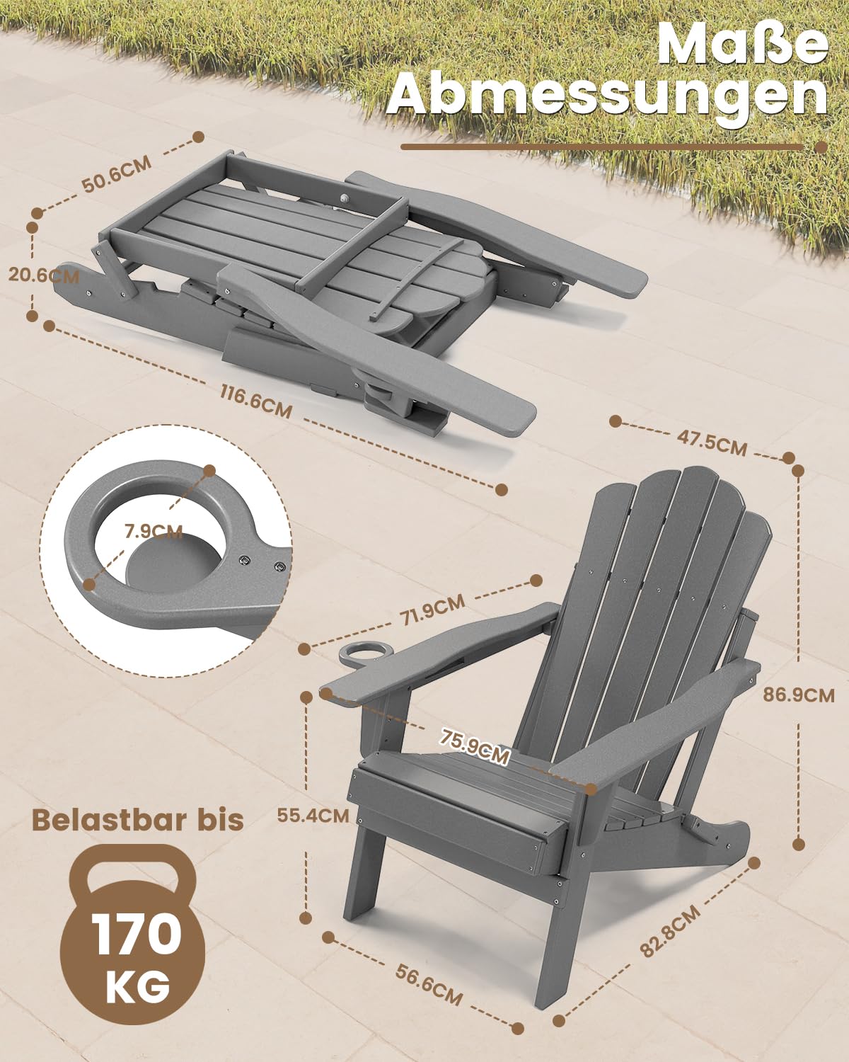 Klappbarer Adirondack Chair mit Breiten Armlehnen, Terrassenstuhl aus HDPE, Wetterfester Balkonstuhl & Relaxstuhl, Grau Matt