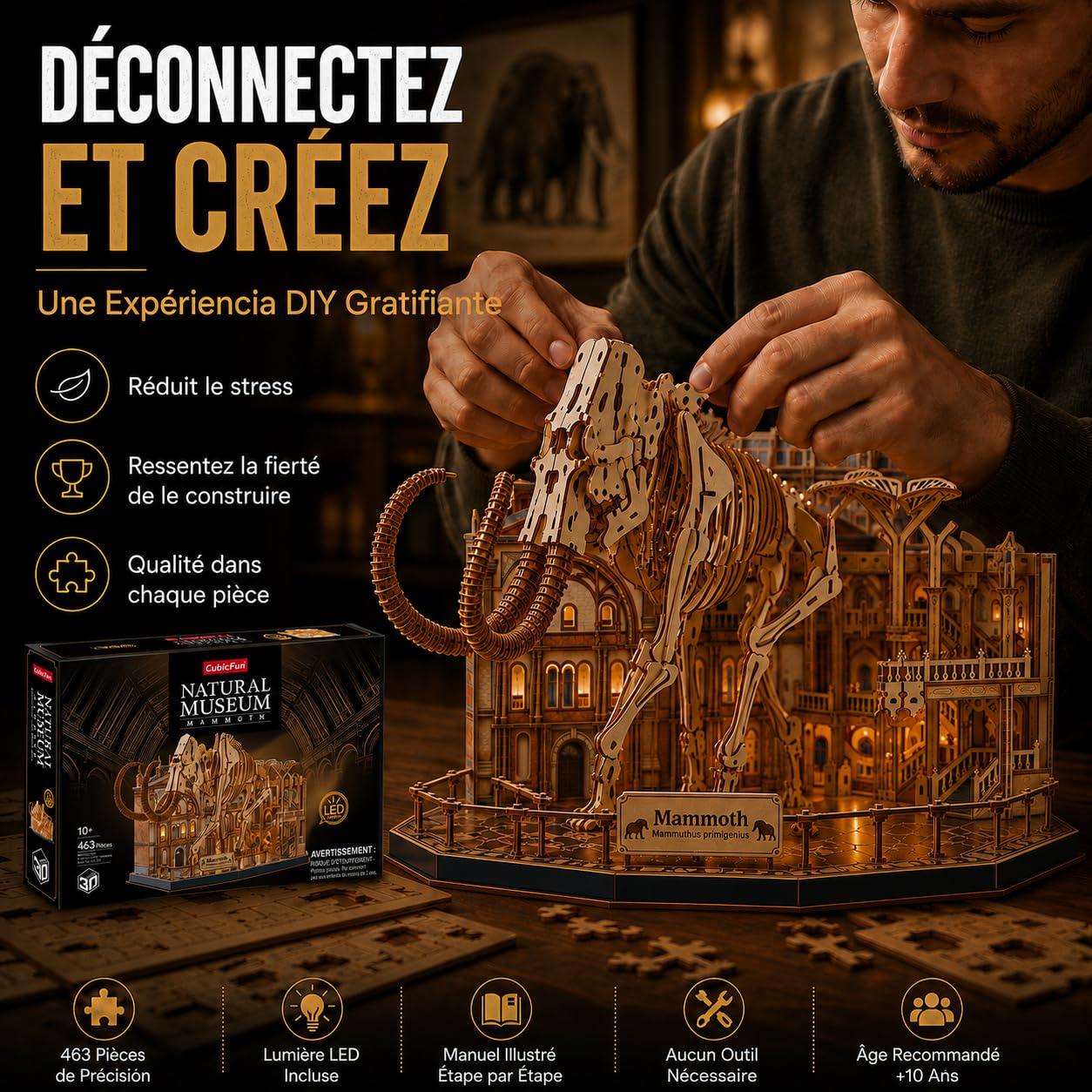 Puzzle 3D Bois Mammouth Museum LED | Puzzle 3D Squelette Préhistorique à Construire avec Lumière | Maquette en Bois DIY 464 Pièces | Construction Adulte et Enfant | Casse-Tête 3D Décoratif