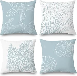 Coastal Beach Pillow Covers 18x18 Set of 4 - Beachy Room Decor Aesthetic, Coastal Beach House Decor, Starfish Seashell Coral Decorative Throw Pillow Covers (Double-Sided)