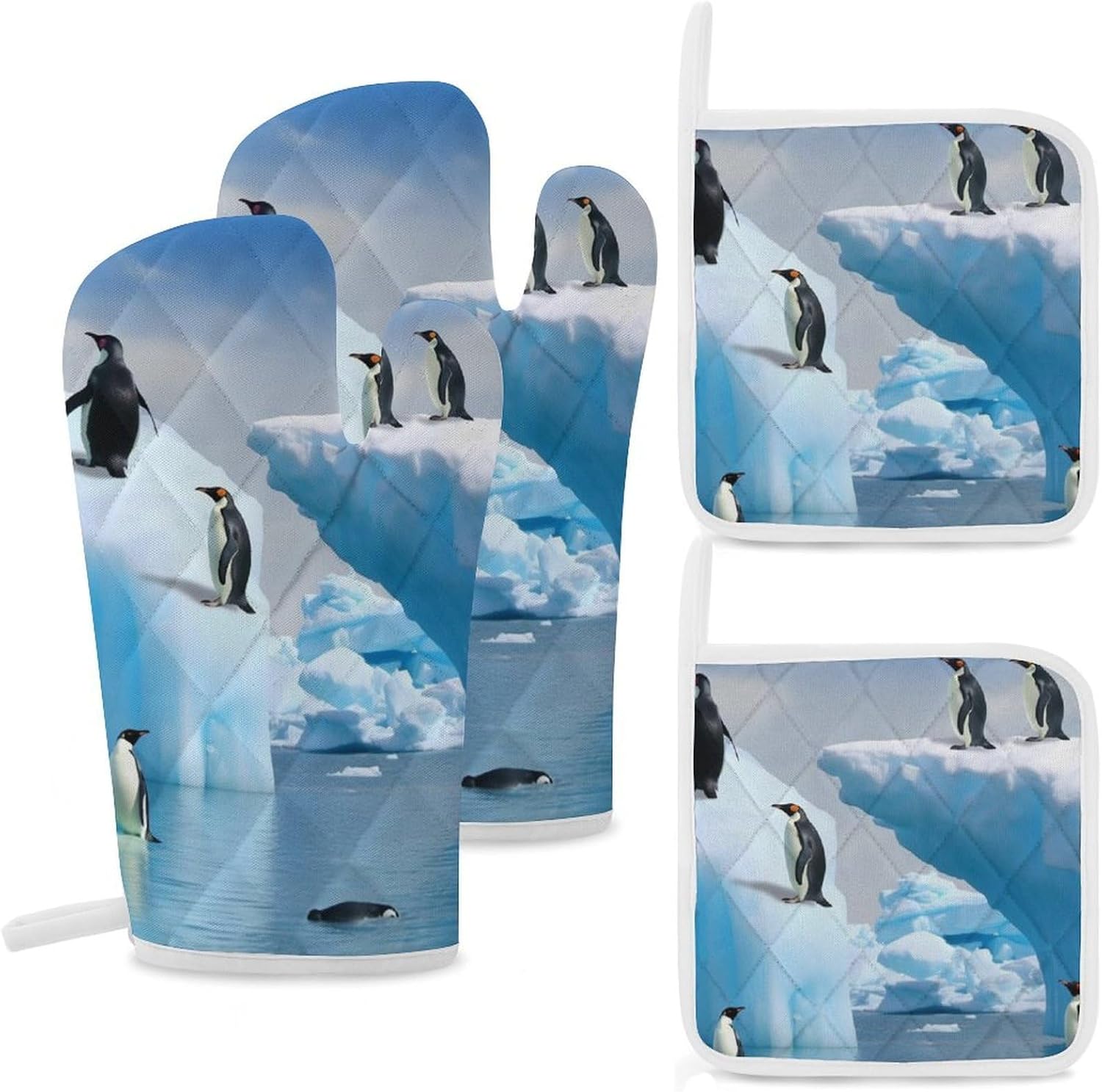 4-Piece Oven Mitts and Pot Holders Set Penguins On The Iceberg Printed Heat-Resistant Polyester Kitchen Gloves and Potholders Comfortable & Durable for Cooking Baking and Grilling