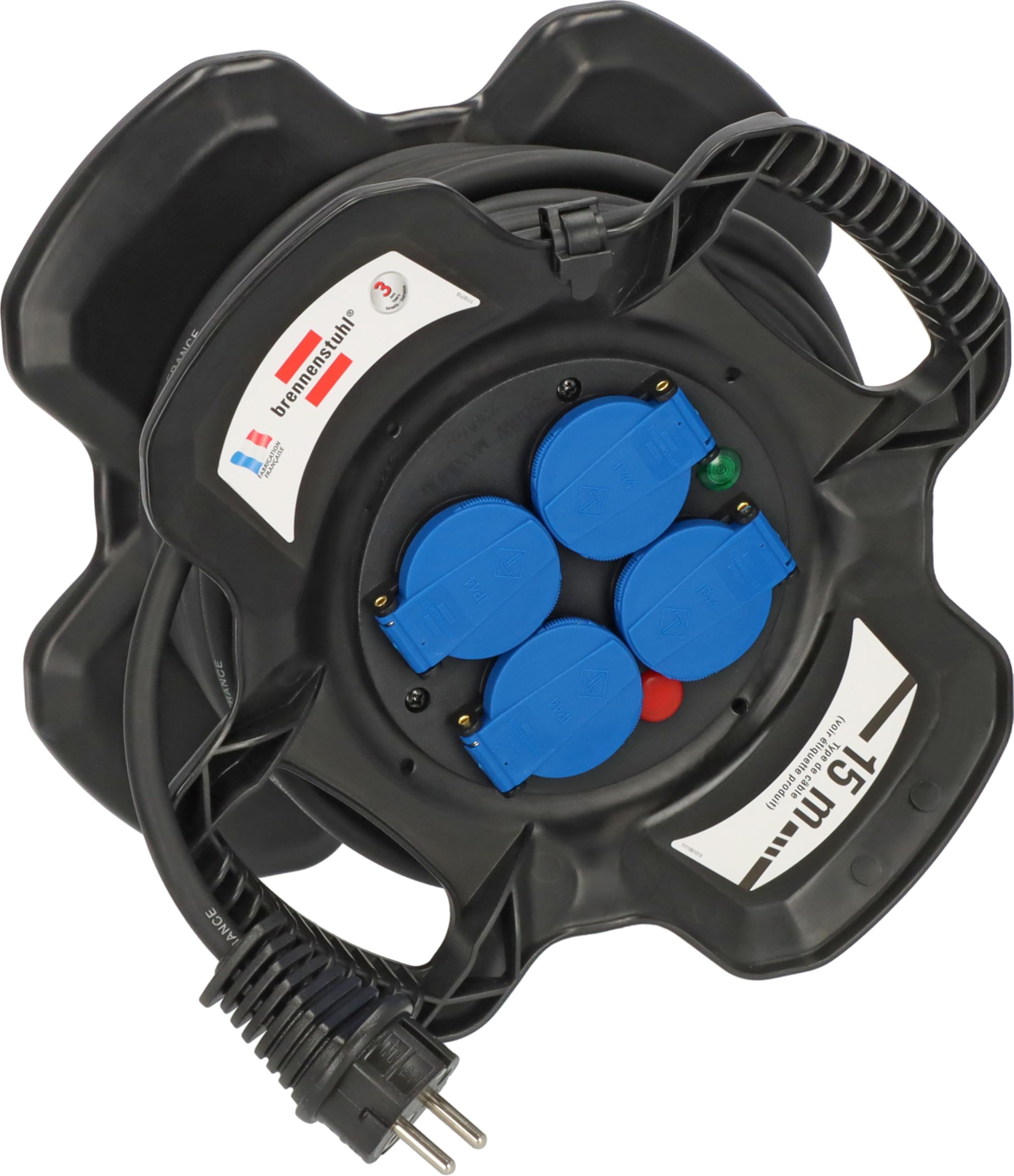 Brennenstuhl X-GUM - Enrollador de cable eléctrico compacto (4 enchufes eléctricos, con conectores y indicador de presencia de voltaje LED, 15 m H07RN-F 3G1,5, uso en exteriores, fabricado en Francia)