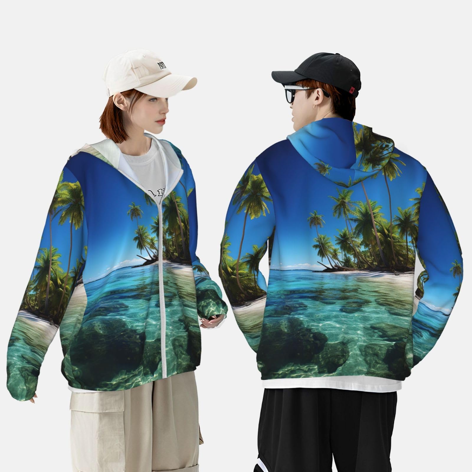 NONHAI Men's Sun Protection Jacket UPF 50+ Full Zipper Long Sleeve UV Hoodie Shirt Palm Trees and Women's Outdoor Jacket Black