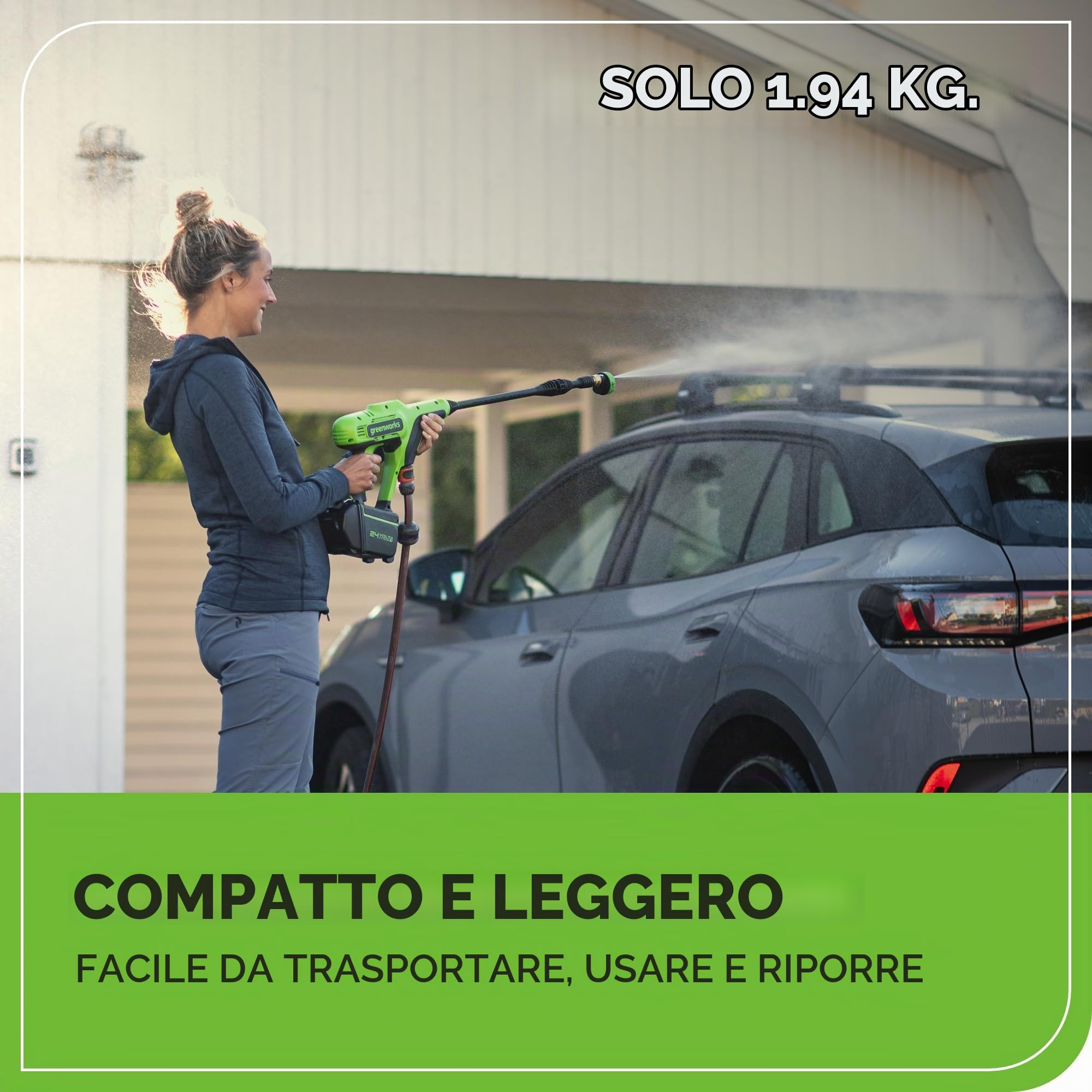 Greenworks Idropulitrice a batteria G24PWK4 (Li-Ion 24V, motore 300 Watt, pressione 24 bar, portata 180 l/h, 5 ugelli spray, tubo di 6 m, con batteria 4Ah e caricatore)