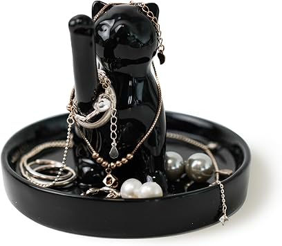 YOBRO Ceramic Waving Lucky Cat Jewelry Tray - Cute Ring Holder & Trinket Dish for Women, Girls | Kawaii Home Decor, Gift Idea for Her Black