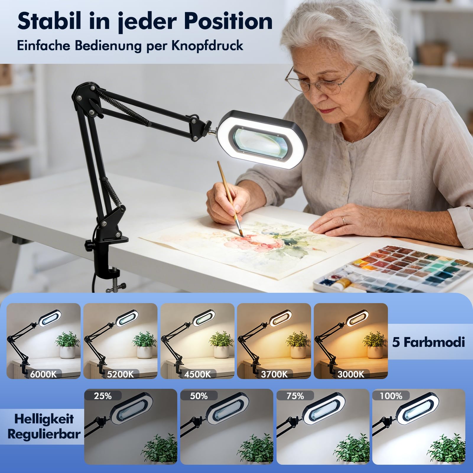 10 lupas con luz y soporte, 3 en 1 LED de aumento, manos libres, 5 modos de color, regulable sin niveles, lupa de lectura para personas mayores, lente de aumento manos libres para pintura, costura