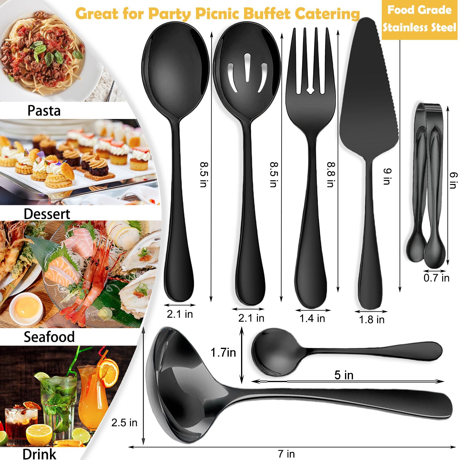8 utensilios de acero inoxidable para servir, cucharas grandes ranuradas, tenedores, pinzas de azúcar para hielo, servidor de pasteles, cucharón de sopa, juego de utensilios de metal, ideal