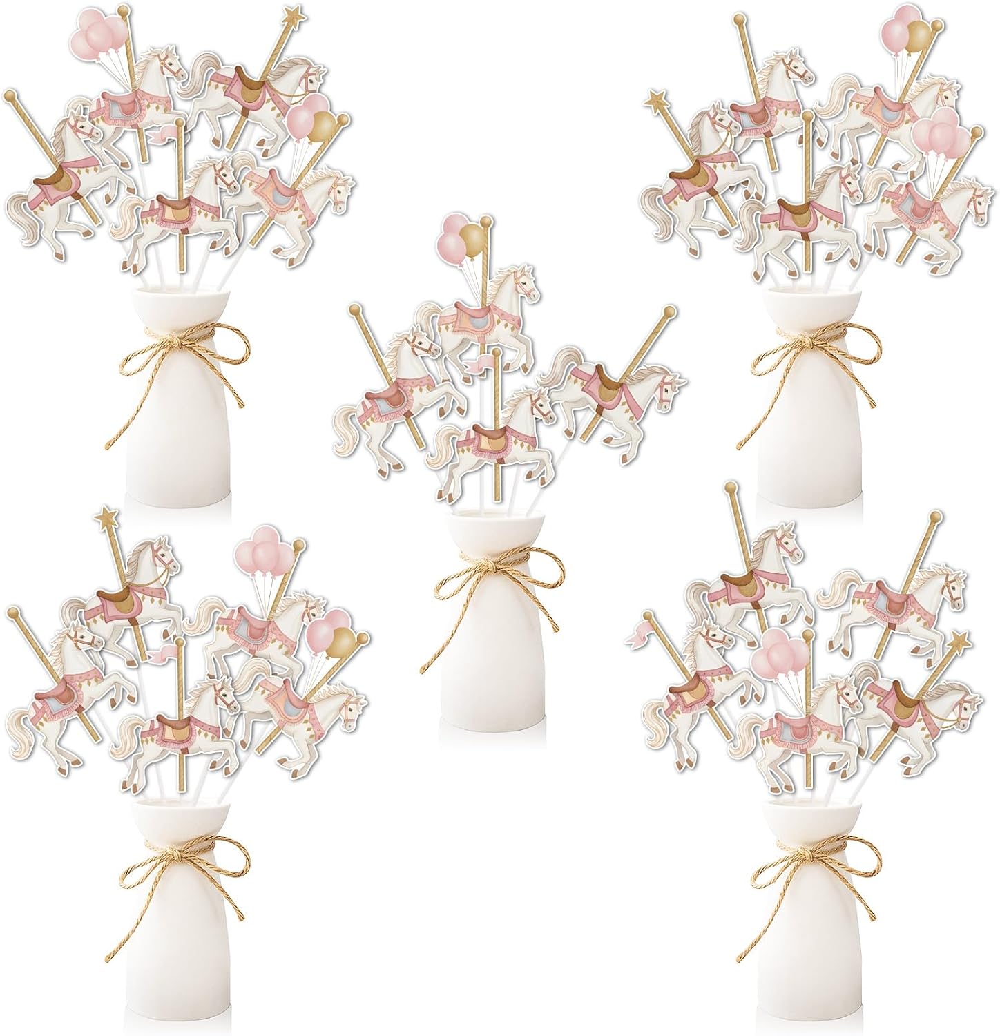 Carousel Birthday Party Decorations for Girls, 24pcs Double-Sided Table Centerpiece Sticks, Pink and Gold Carousel Horse Table Toppers for Birthday Baby Shower Bachelorette Dessert Table Decor