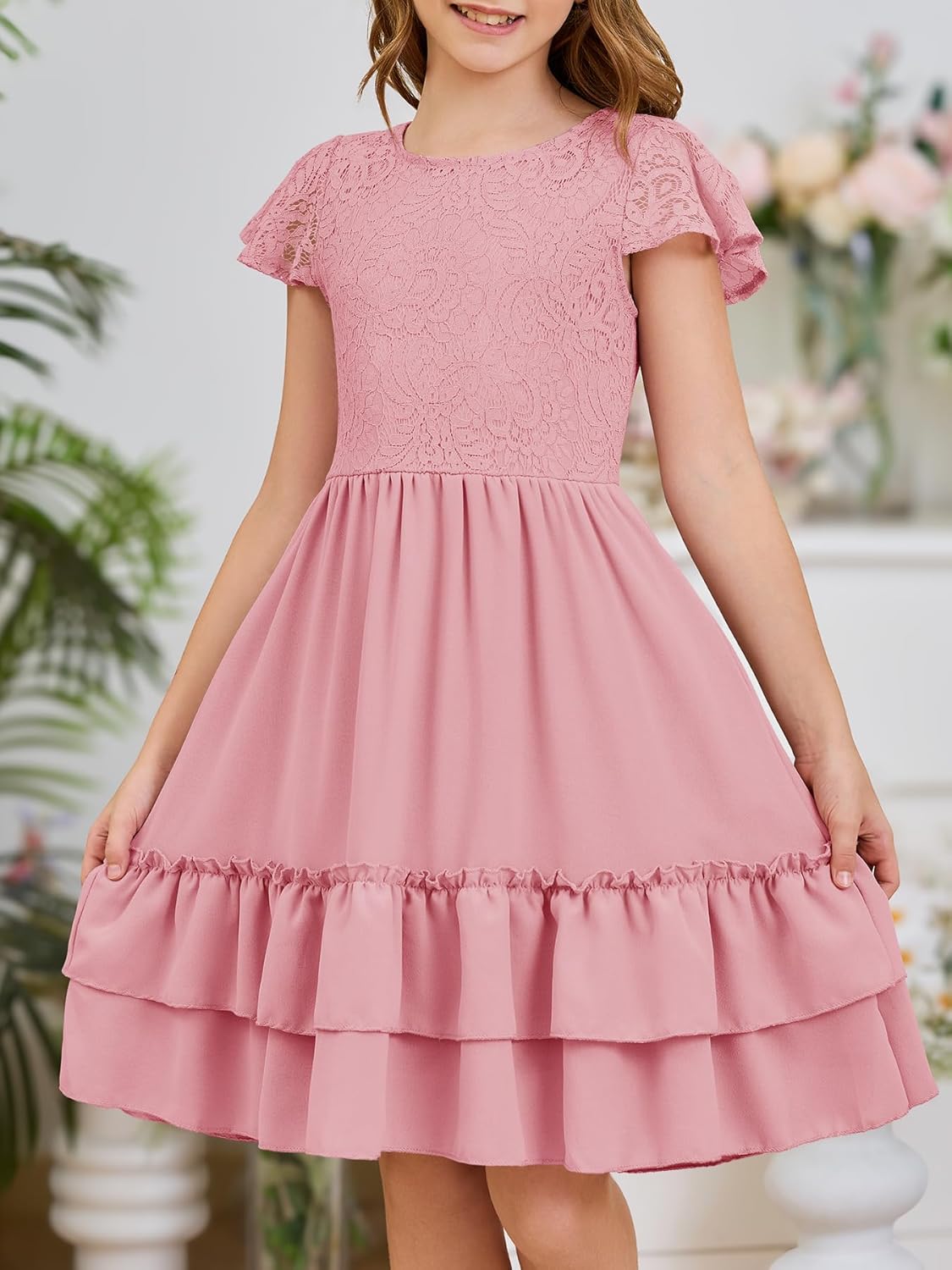 HOSIKA Girls Lace Flower Boho Ruffle Sleeve A-Line Tiered Summer Dress for Wedding Party with Pockets - Image 2