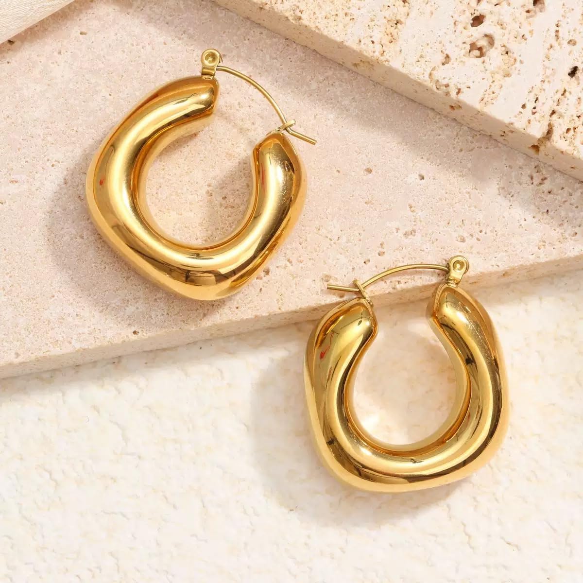 14K Gold Plated Stainless Steel Chunky Hoop Earings for Women Thick Lightweight Trendy Gold Hoops - Image 6