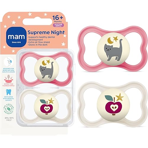 MAM Supreme Baby Pacifier, Newborns 16+ Months, Developed with Orthodontists, Extra Air Flow for Sensitive Skin, Glows in The Dark, BPA-Free Silicone, Sterilizer Case, Pack of 2, Made in Europe