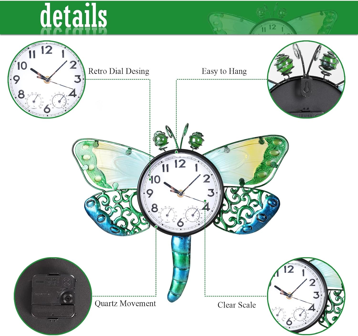 MUMTOP Outdoor Clock, Dragonfly Clock for Patio Pool Garden Home Decor