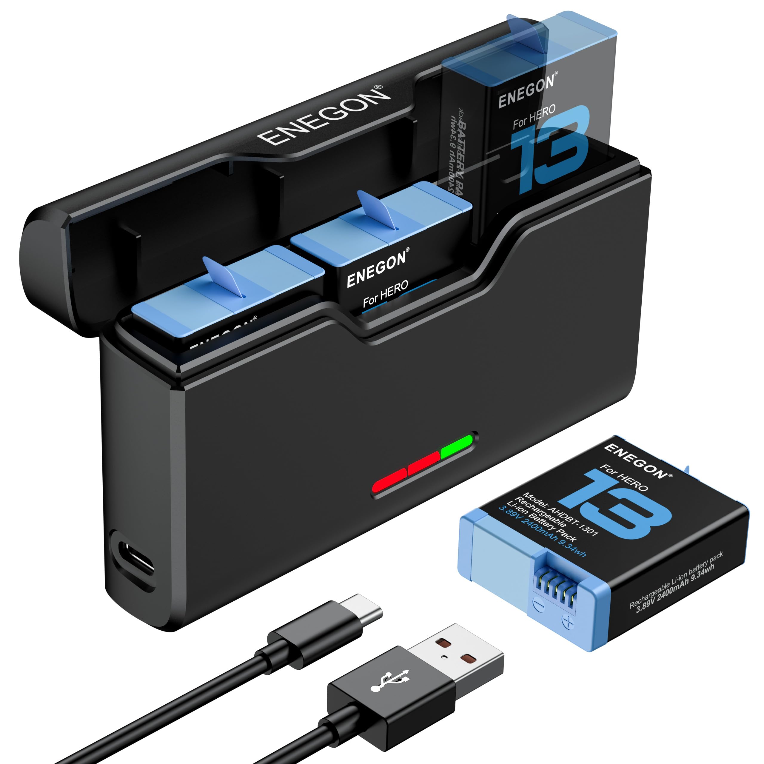 ENEGON Hero 13 Batterie 2400 mAh et LED 3 canaux USB Chargeur de mémoire pour GoPro Hero 13 Noir