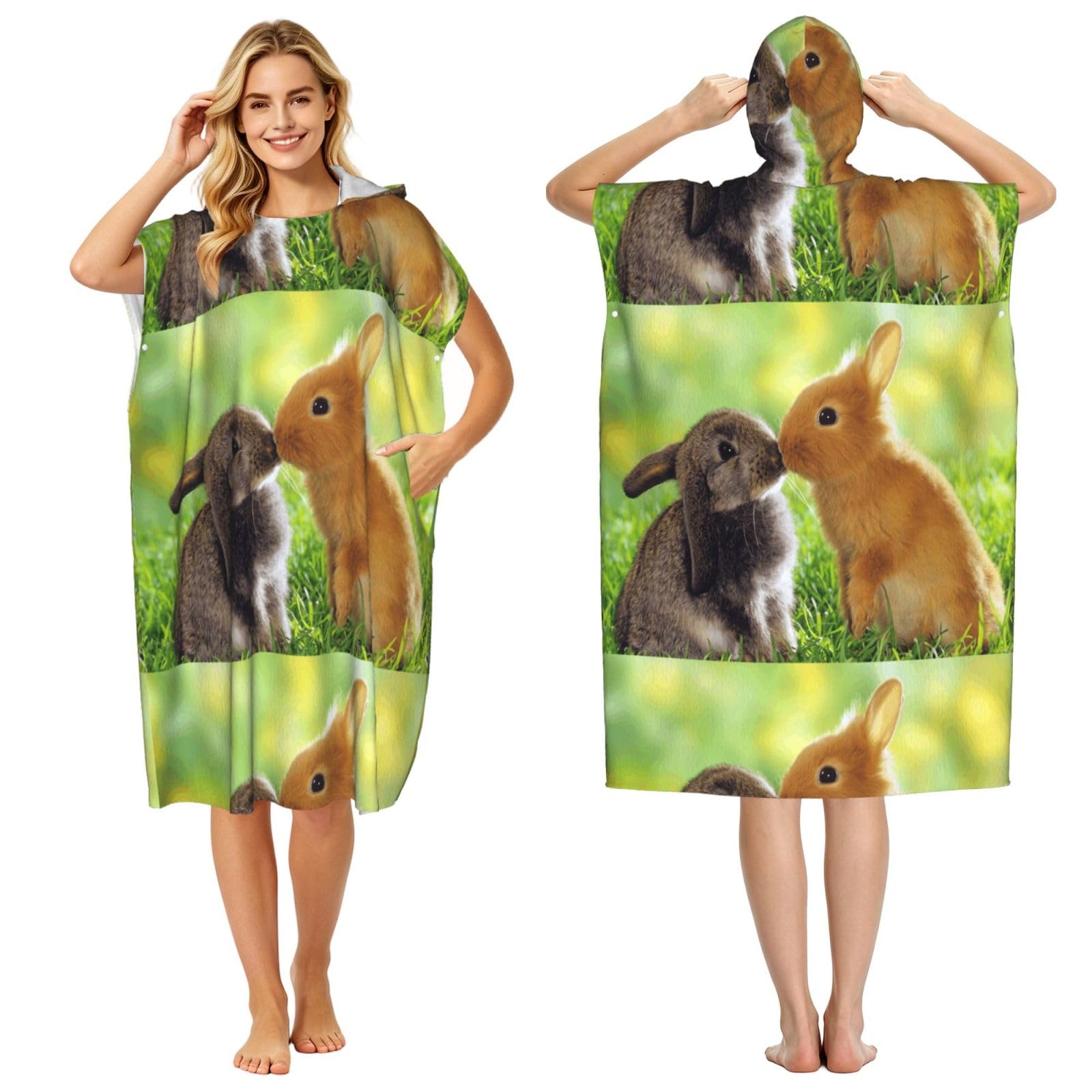 Poadnly Rabbit Love Printed, Adult Hooded Beach Towel 90 x 110 cm,Changing Bath Robe, Surf Poncho Towel For Women Men
