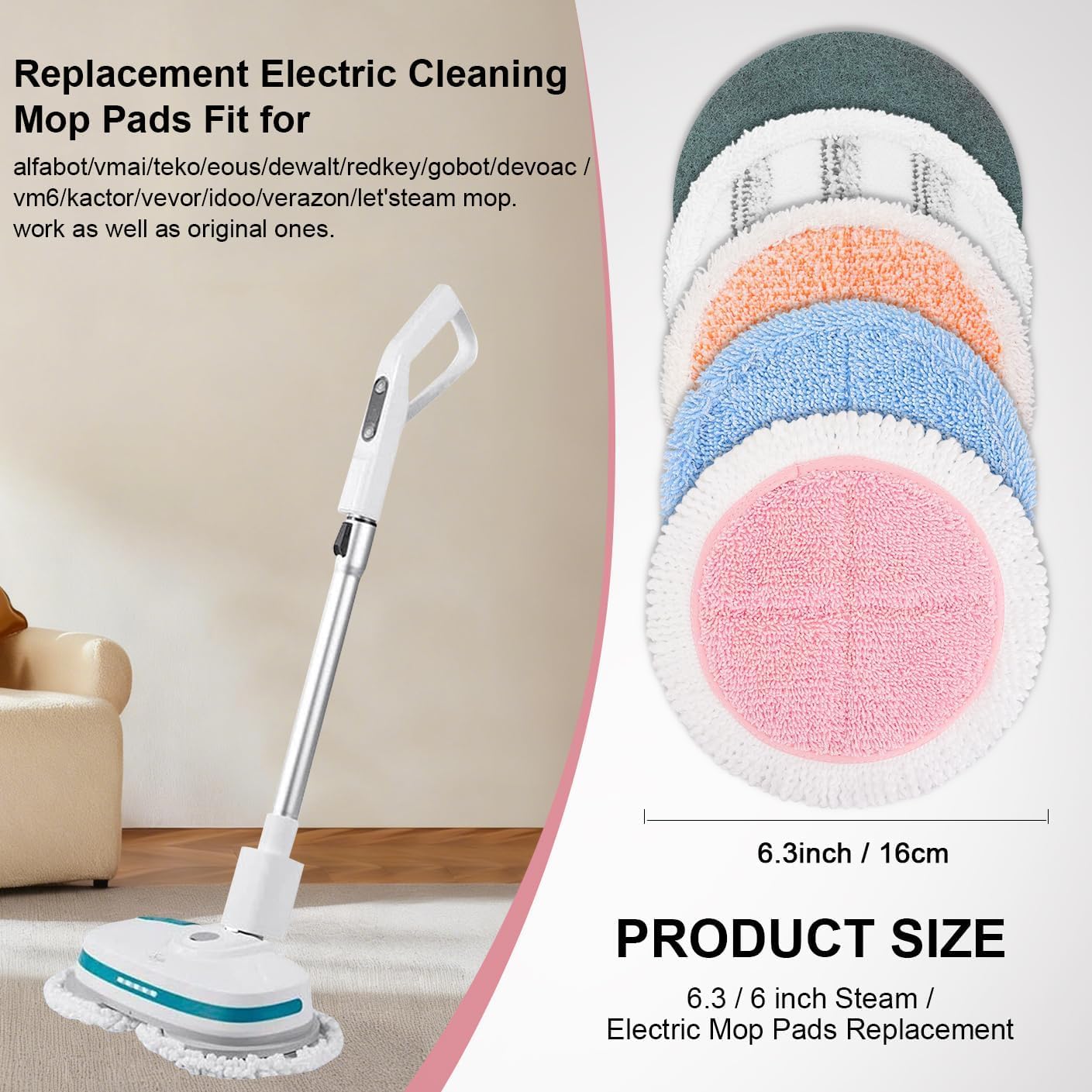 10 Pack Electric Mop Pads, 6.3/6 Inch Spin Power Mop Replacement Pads for bissell/alfabot/vmai/teko/eous/vm6/devoac/kactor/redkey/gobot/devoac/shark- Round Spinwave Spin Mop Pads for Floor Cleaning