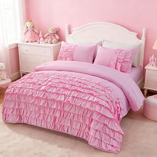 Holawakaka Pink Waterfall Ruffle Comforter Set Twin Size Multi-Layers Ruffled Shabby Chic 3PCS Bedding Set for Girls Women, Kids Teens Ruched Dorm Bed Set