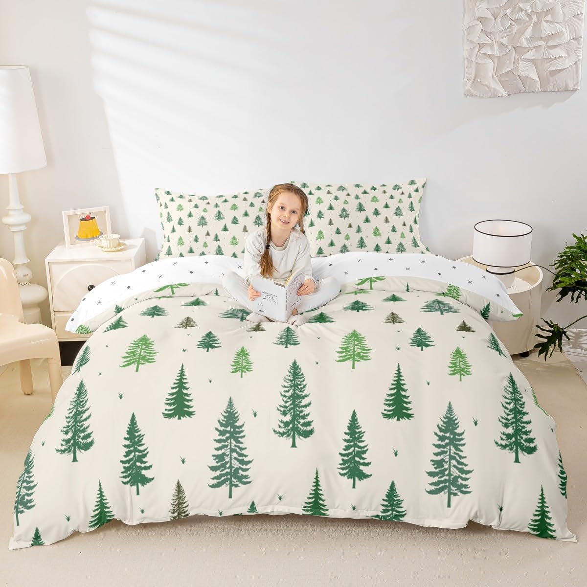 Castle Fairy Christmas Tree Bedding Set King Size,Green Pine Duvet Cover Set 3pcs for Kids Teens Girls Boys Room Decor,Nature Plants Comforter Cover Soft Microfiber Quilt Cover with 2 Pillowcases